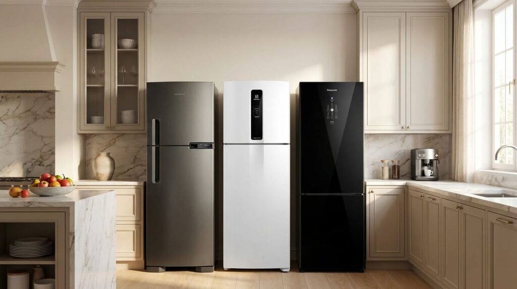5 geladeiras frost free custo‑benefício para família cozinha moderna com geladeira frost free duplex em inox ao lado de bancada, ambiente iluminado