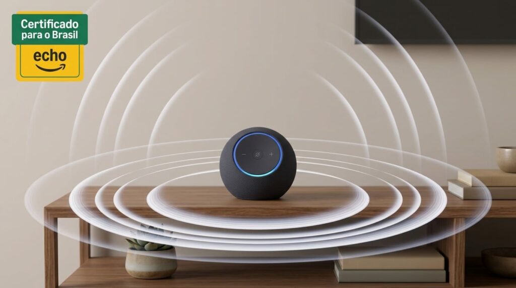 Echo Dot Max em 2026: vale a pena trocar seu Echo antigo? echo dot max grafite em estante de sala pequena com iluminação suave
