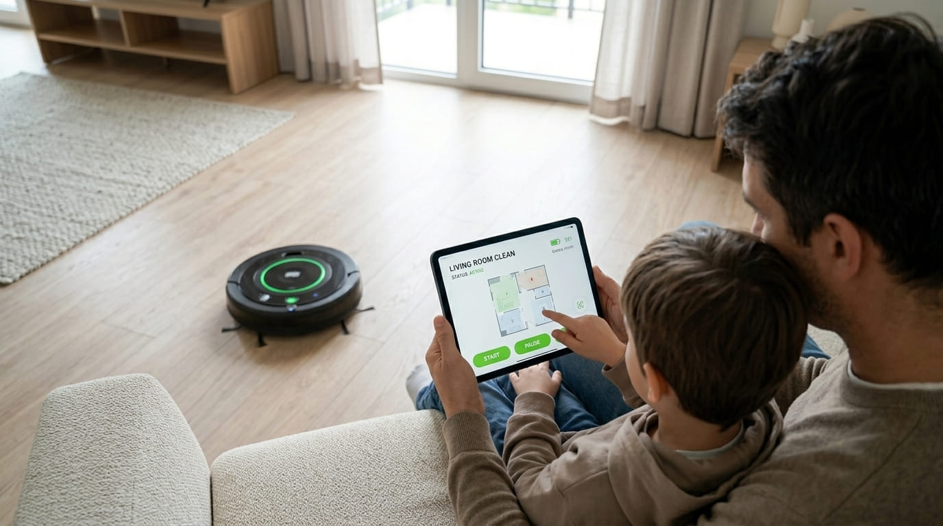 Pai e filho controlando seu robô aspirador por um tablet