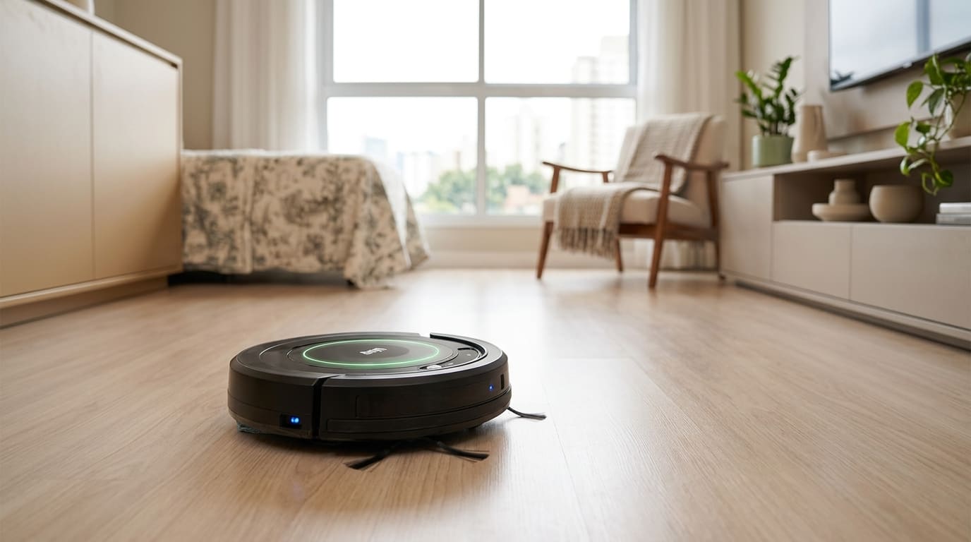 Robô aspirador limpando um piso de madeira em uma casa moderna
