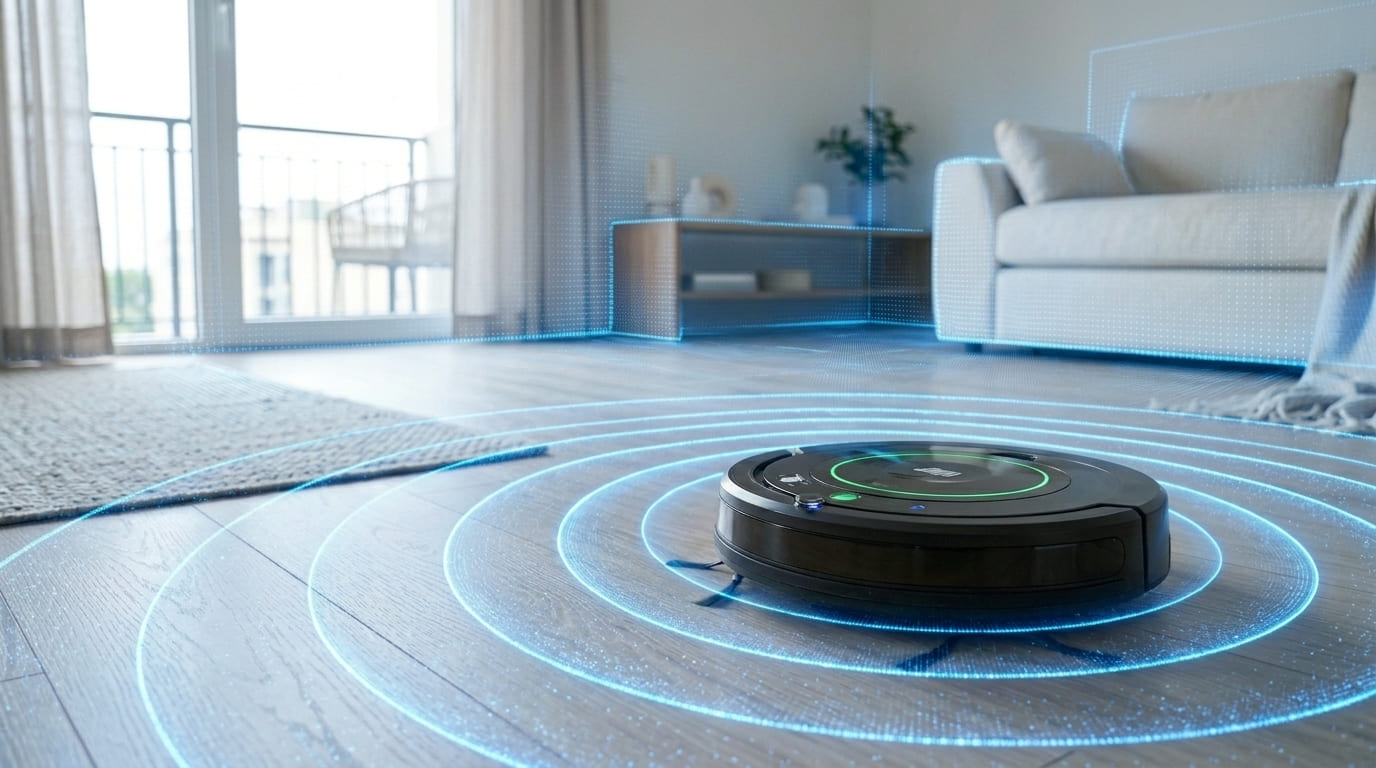 Robô aspirador com sensor a laser mapeando o ambiente de uma sala