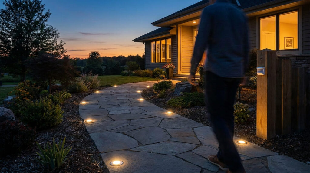 Segurança e conforto: iluminação, tomadas e circulação na área externa Caminho de pedras no jardim iluminado por balizadores, garantindo segurança e visibilidade na área externa