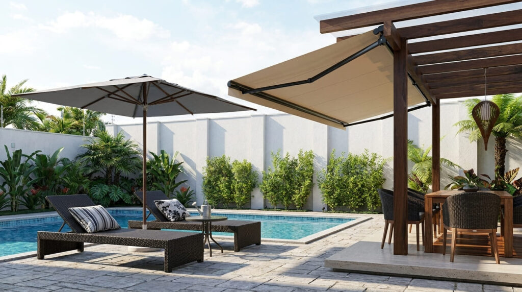 Toldo retrátil e cobertura fixa x ombrelone: prós e contras Área externa com piscina, espreguiçadeiras, ombrelone cinza e um toldo articulado bege sobre uma mesa de jantar, cercada por plantas e um muro branco.