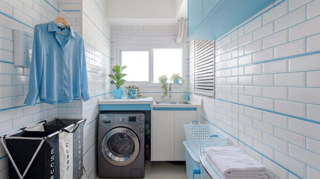 Transforme sua Lavanderia: Espaço Funcional e Agradável Lavanderia moderna e organizada com máquina de lavar, pia, cesto de roupas e camisa azul pendurada