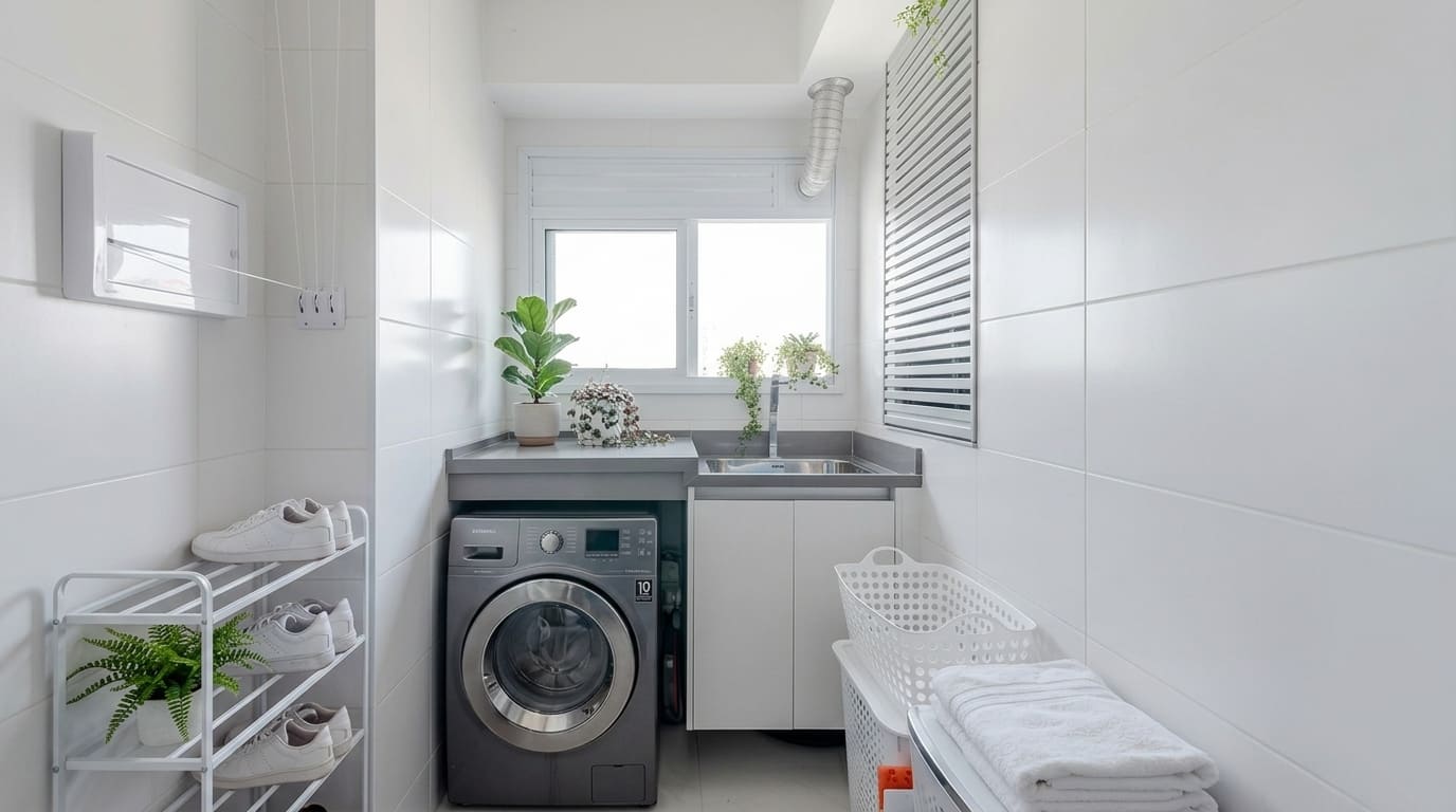 Máquina de lavar moderna com abertura frontal em uma lavanderia organizada, com roupas limpas e produtos de limpeza ao redor.