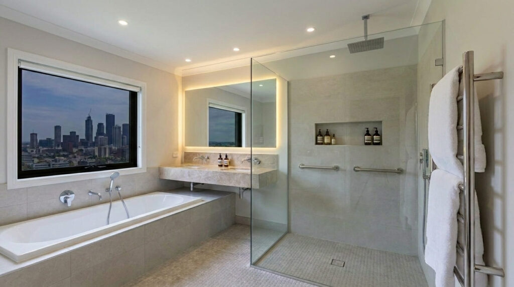 Banheiro tipo spa em apartamento: prós, contras e o que ninguém conta antes de investir Banheiro tipo spa em apartamento com banheira, chuveiro e espelho iluminado, combinando luxo e funcionalidade