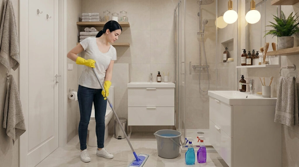 Mulher de luvas amarelas limpando o chão do banheiro com esfregão, parte da rotina de limpeza de banheiro