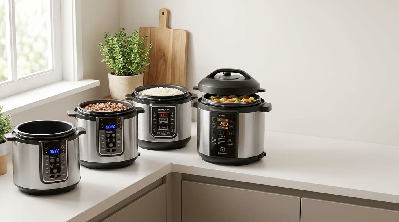 Mesa de cozinha com diversos tipos de panelas elétricas: panela de pressão elétrica, panela de arroz e panela elétrica multifuncional, com alimentos frescos ao redor.