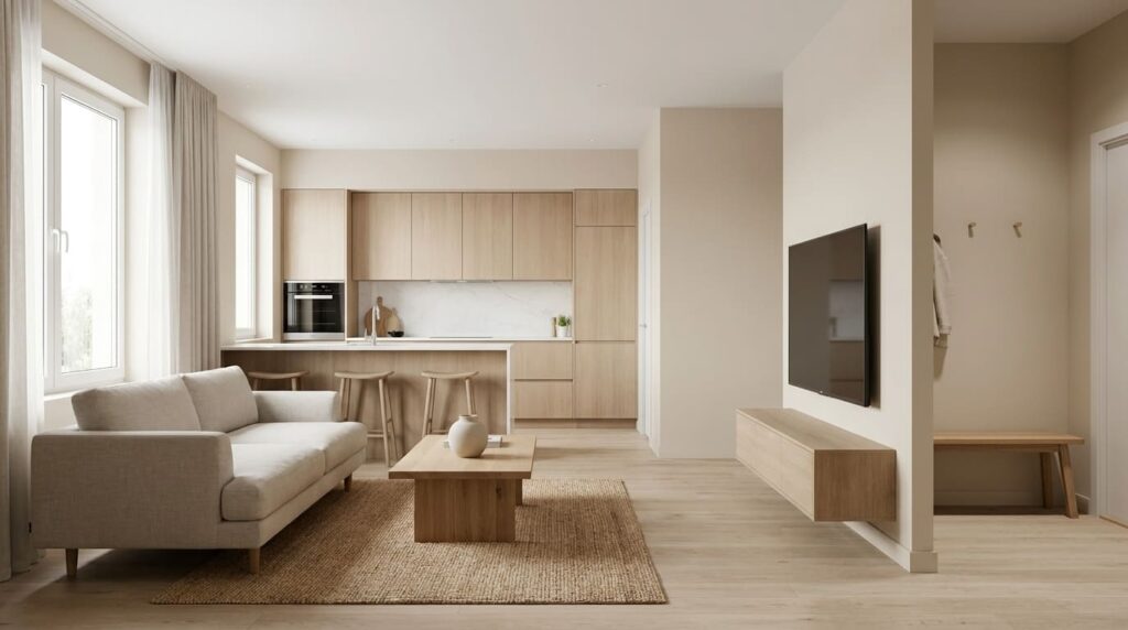 Minimalismo na Organização: Casa Leve e Funcional Um ambiente minimalista e clean, com poucos objetos bem organizados, transmitindo sensação de paz e funcionalidade, simbolizando o minimalismo na organização