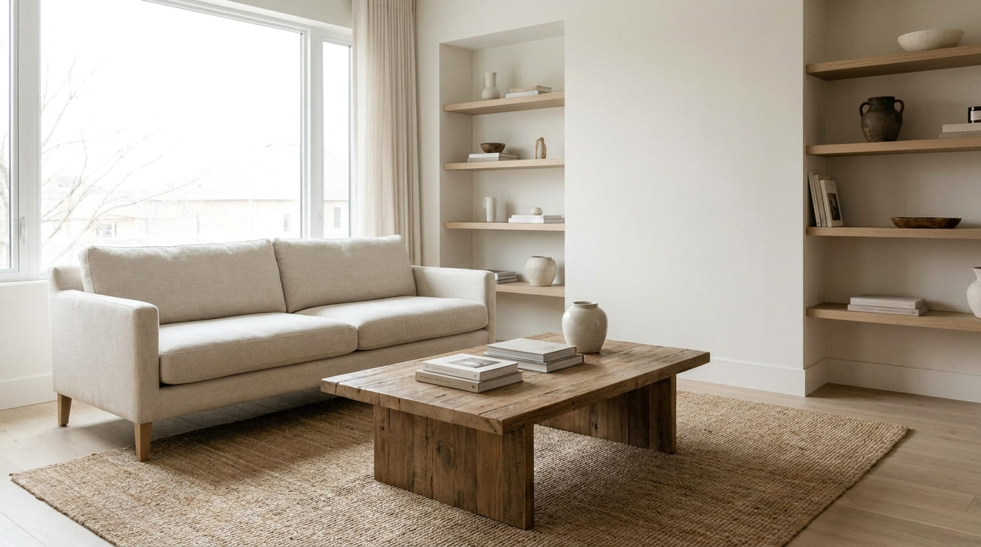 Ambiente de sala de estar clean e organizado, com poucos objetos decorativos, cores neutras e sensação de amplitude.
