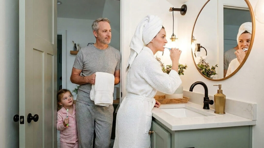 Família no banheiro social compartilhando o espaço, equilibrando rotina diária e estética