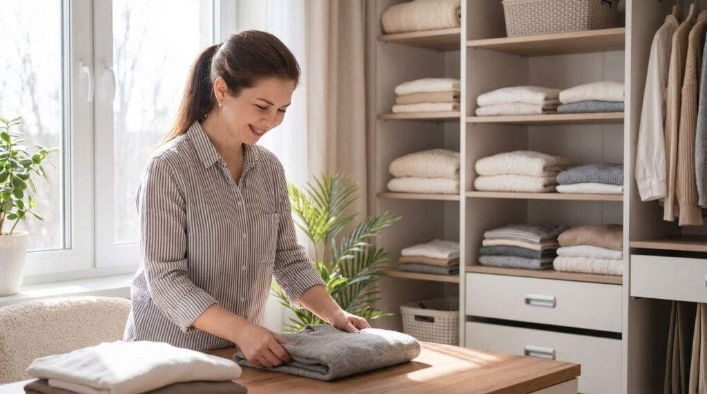 O Método KonMari na Prática: Como Aplicar a Magia da Arrumação na Sua Casa woman folding clothes clean KonMari sandiasreview (1)