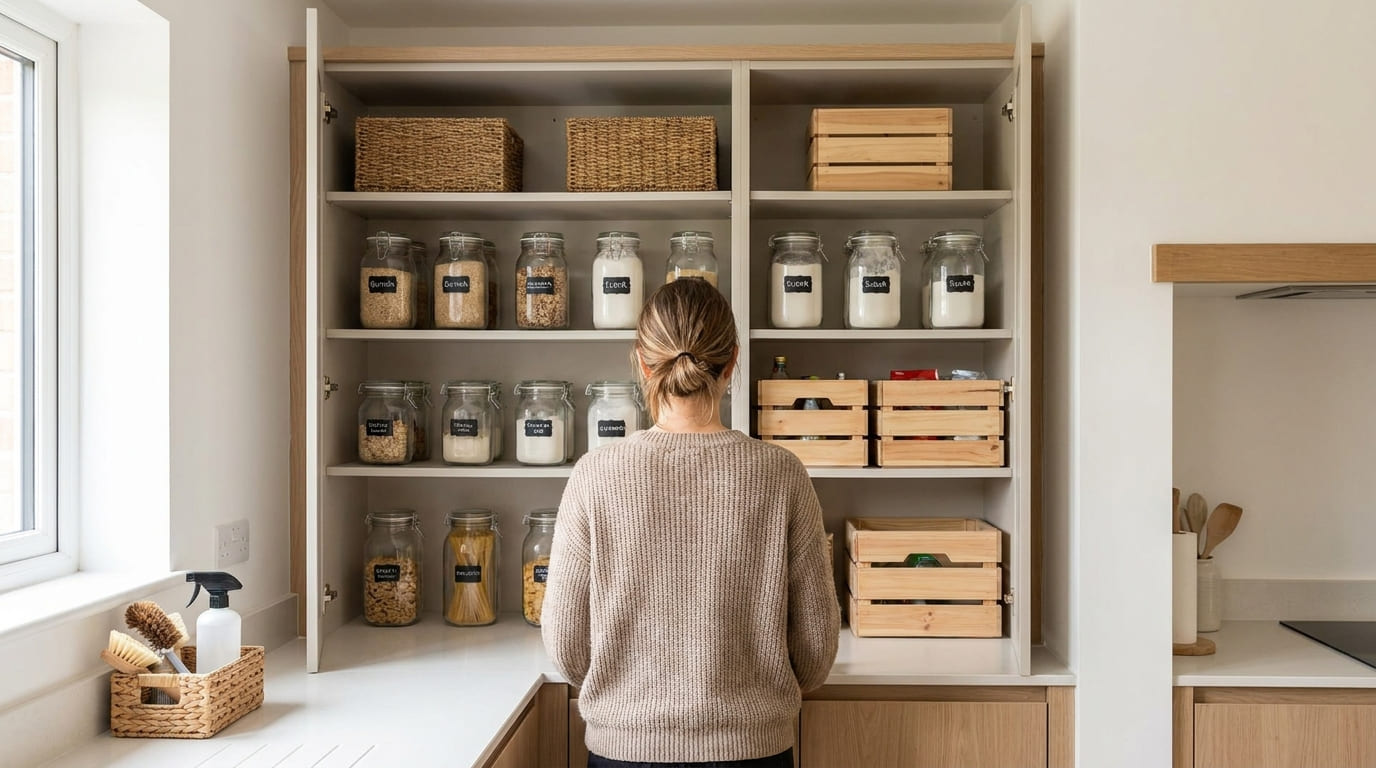 Despensa de cozinha com prateleiras bem organizadas, potes herméticos transparentes com etiquetas, cestas e alimentos categorizados.