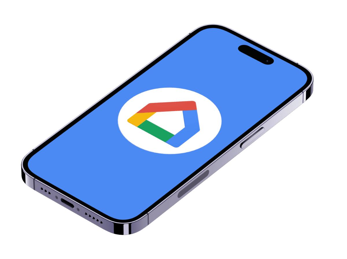Smartphone exibindo o aplicativo Google Home com o logotipo colorido da casa do Google Home em um círculo branco, em uma tela azul.