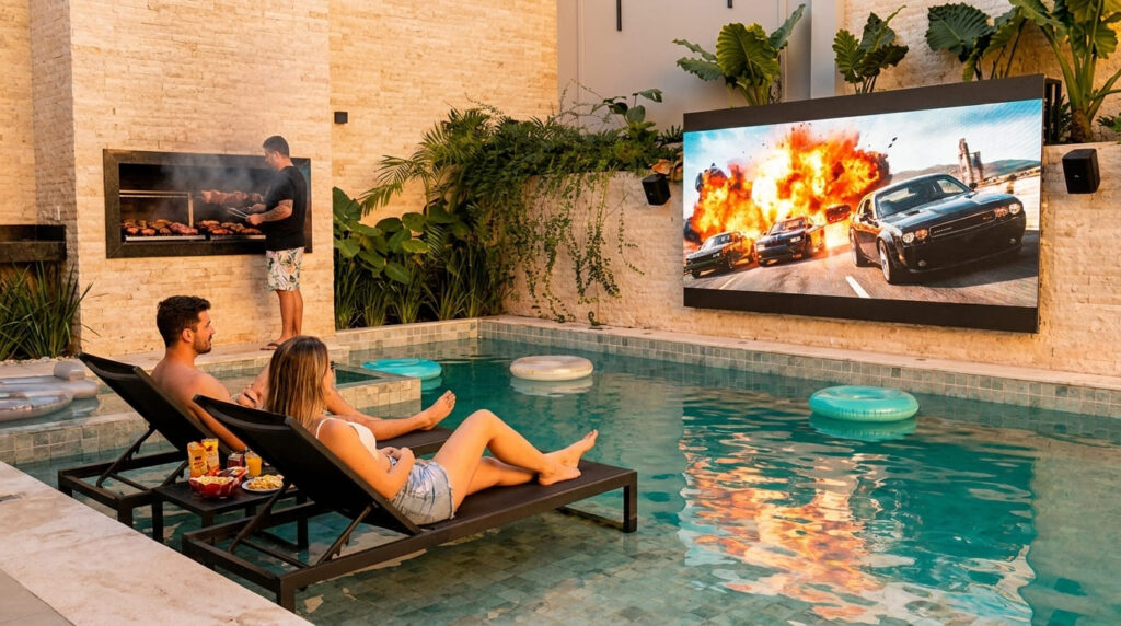 Cinema no quintal: projetor, som e estrutura para sessões ao ar livre Piscina iluminada com projetor para cinema no quintal e churrasqueira ao fundo