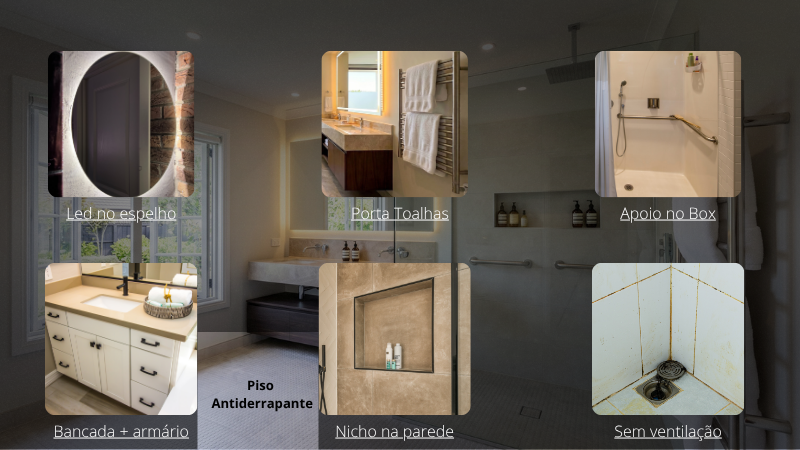 Detalhe de banheiro moderno com espelho iluminado, chuveiro de teto e vaso sanitário inteligente, essencial ao montar banheiro