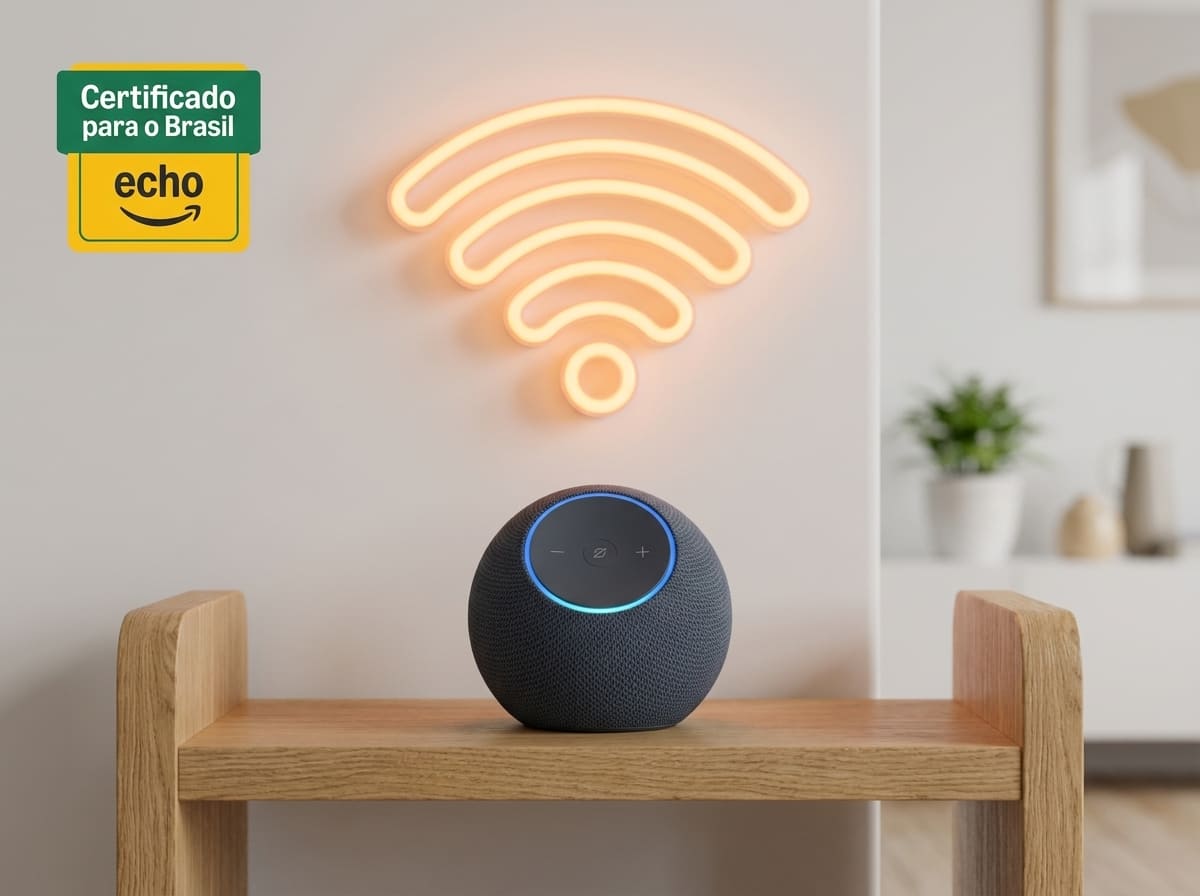 Dispositivo Amazon Echo Dot (smart speaker) em um nicho de madeira, com um ícone de Wi-Fi em neon laranja acima, simbolizando a conectividade e o controle da casa inteligente pela Alexa.