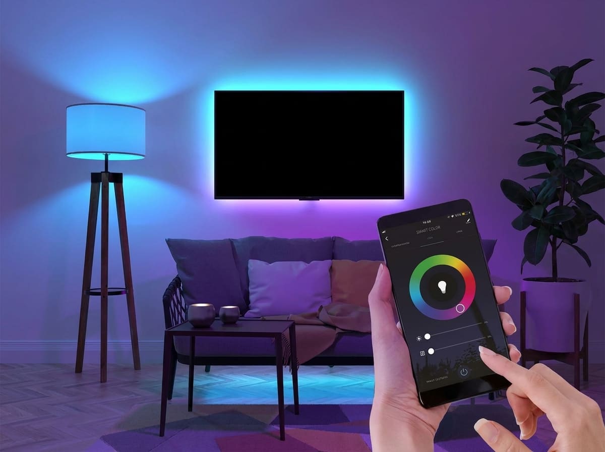 Fita LED RGB inteligente instalada atrás de uma TV, iluminando a parede com cores vibrantes, criando um ambiente imersivo para entretenimento.