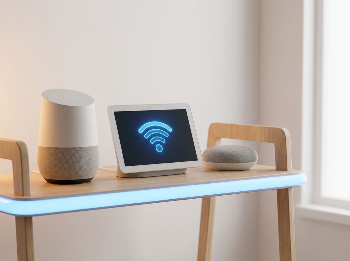 Dispositivos Google Nest (smart speaker e smart display) em uma mesa de madeira, com um ícone de Wi-Fi em neon azul no display, representando a integração do Google Assistant na casa inteligente.