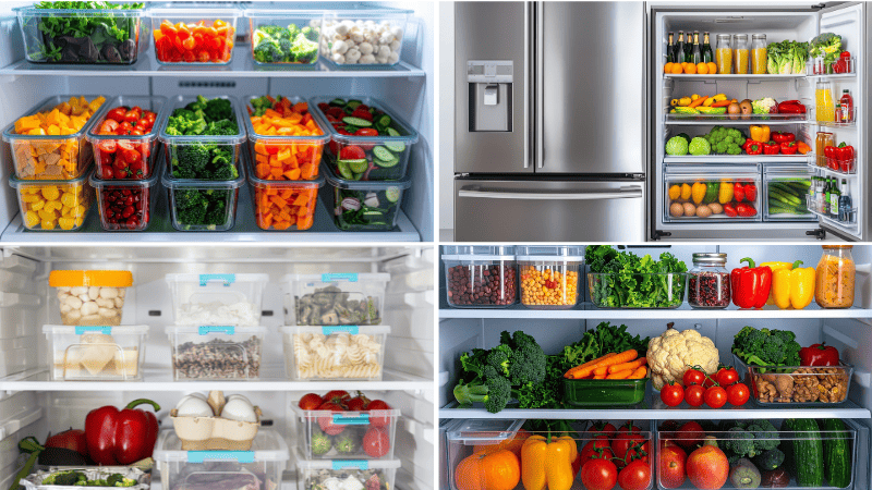 Geladeira moderna com interior impecavelmente organizado, mostrando potes transparentes, frutas e vegetais nas gavetas e bebidas nas prateleiras da porta.