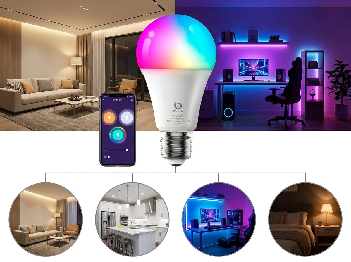 Composição mostrando uma lâmpada inteligente RGB no centro, com cenas de ambientes (sala, cozinha, escritório, quarto) iluminados com diferentes cores e intensidades, controladas por um aplicativo no celular.