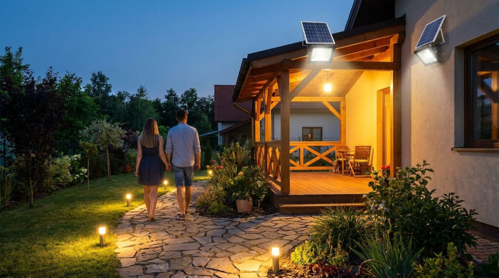 Casal caminhando em jardim com iluminação solar e elétrica combinadas na varanda e fachada, otimizando a área externa