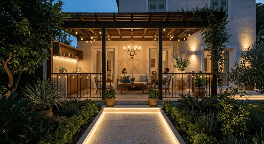 Iluminação área externa: fachada de casa moderna com luzes LED embutidas e spots, valorizando a arquitetura