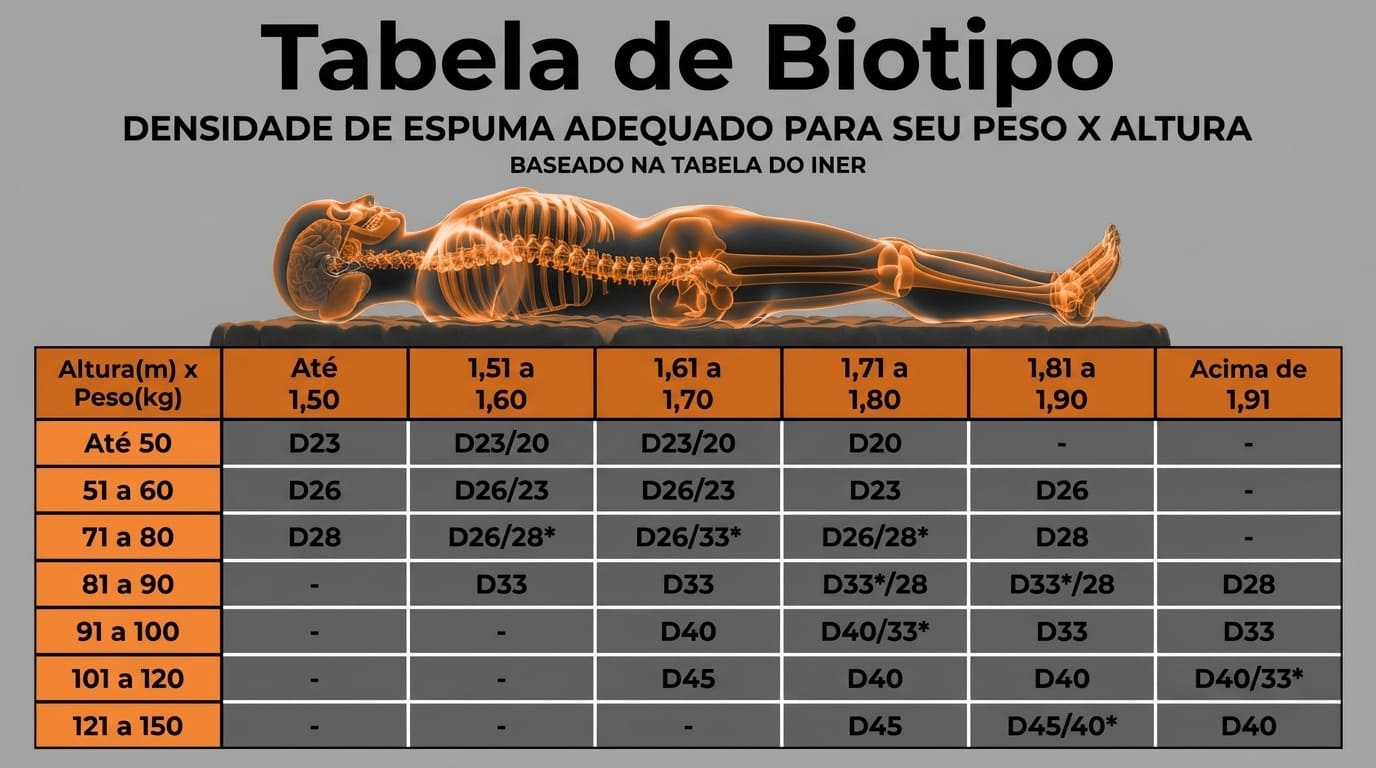 Tabela de biotipo mostrando densidade de espuma do colchão adequada por peso e altura, baseada na tabela do INER, com valores de D20 a D45.
