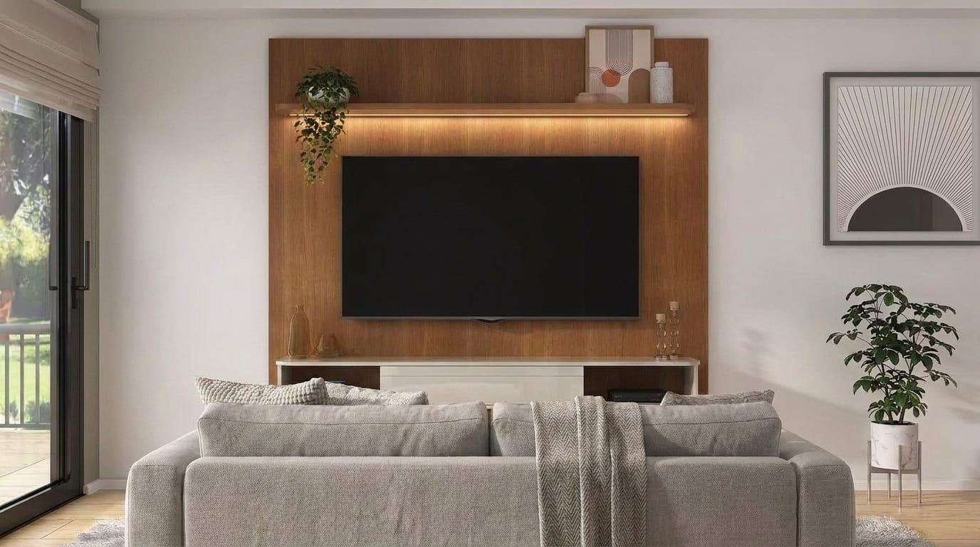 Sala de estar moderna com painel de madeira e TV instalada, rack branco com nicho central, sofá cinza ao fundo, iluminação em fita de LED na prateleira superior e quadro decorativo na parede.