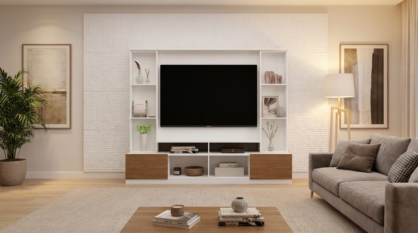 Sala de estar clara com rack branco e painel com nichos abertos ao redor da TV, portas inferiores em madeira, sofá cinza, mesa de centro e luminária de piso, em ambiente aconchegante.