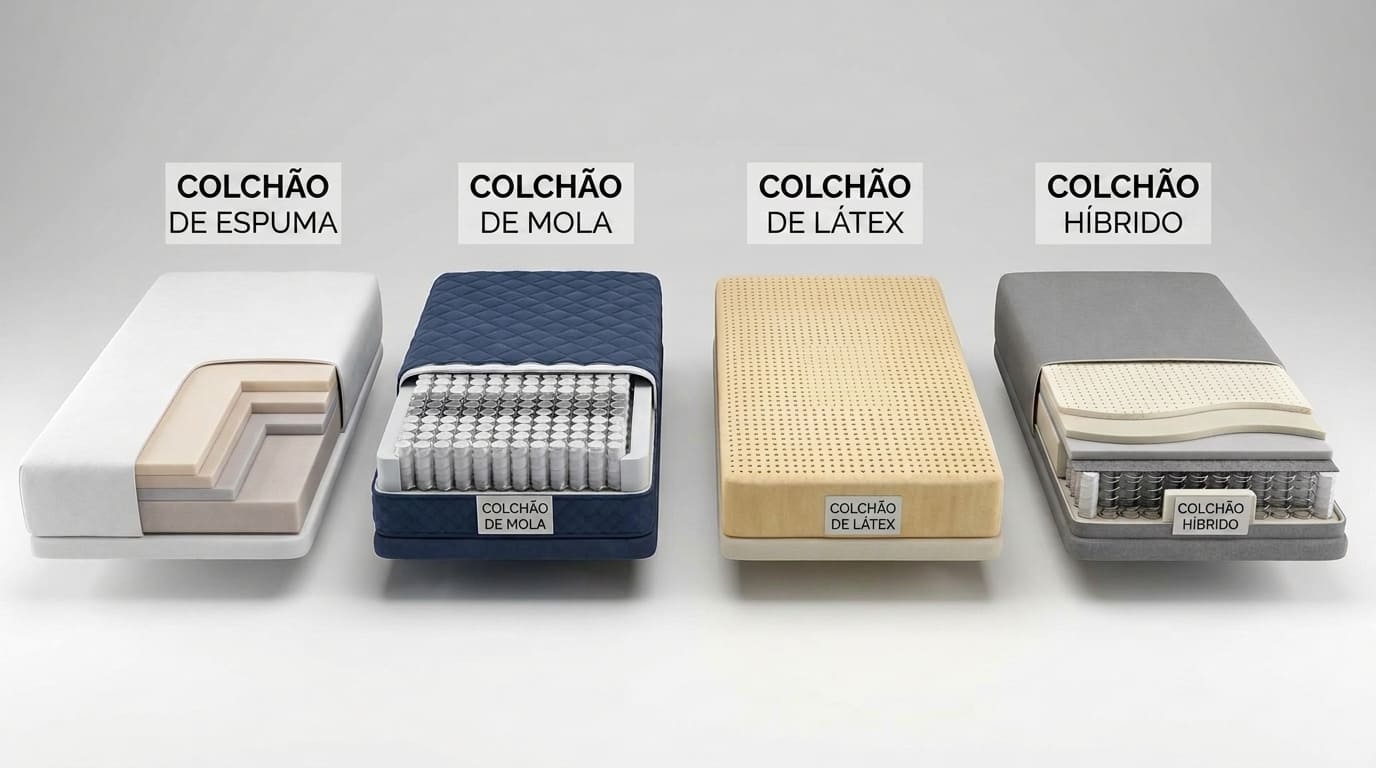 Comparação de quatro tipos de colchão lado a lado, mostrando o interior de cada um.