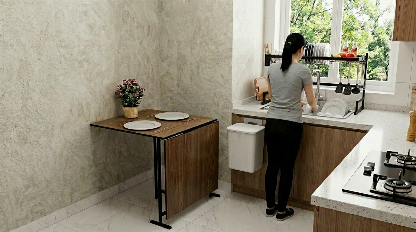 Cozinha pequena organizada com mesa dobrável, escorredor suspenso e lixeira na porta do armário