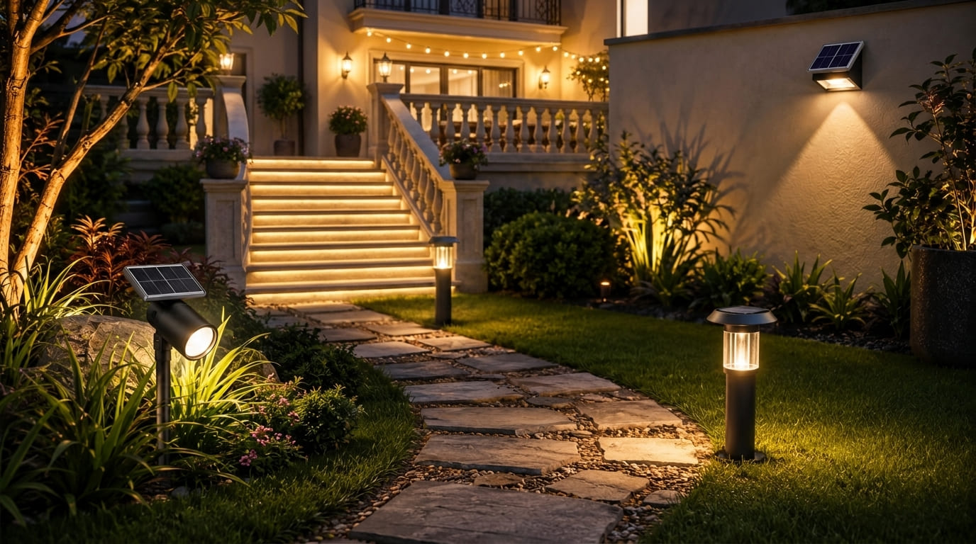 Combinação de iluminação solar no jardim e iluminação elétrica em degraus e varanda, otimizando a iluminação área externa