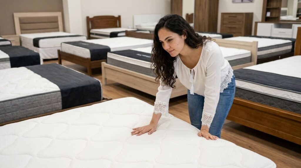 Como Escolher o Colchão Perfeito: Guia de Tipos e Tecnologias Mulher em blusa branca e calça jeans tocando colchão branco em loja de móveis, avaliando firmeza e conforto, com múltiplos colchões de diferentes cores ao fundo.