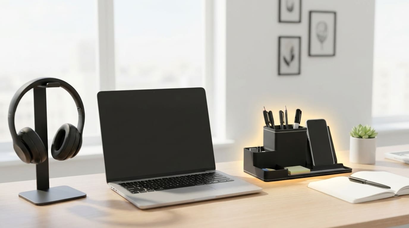 Organizador de mesa inteligente com porta-canetas, suporte para celular e fone de ouvido em home office.