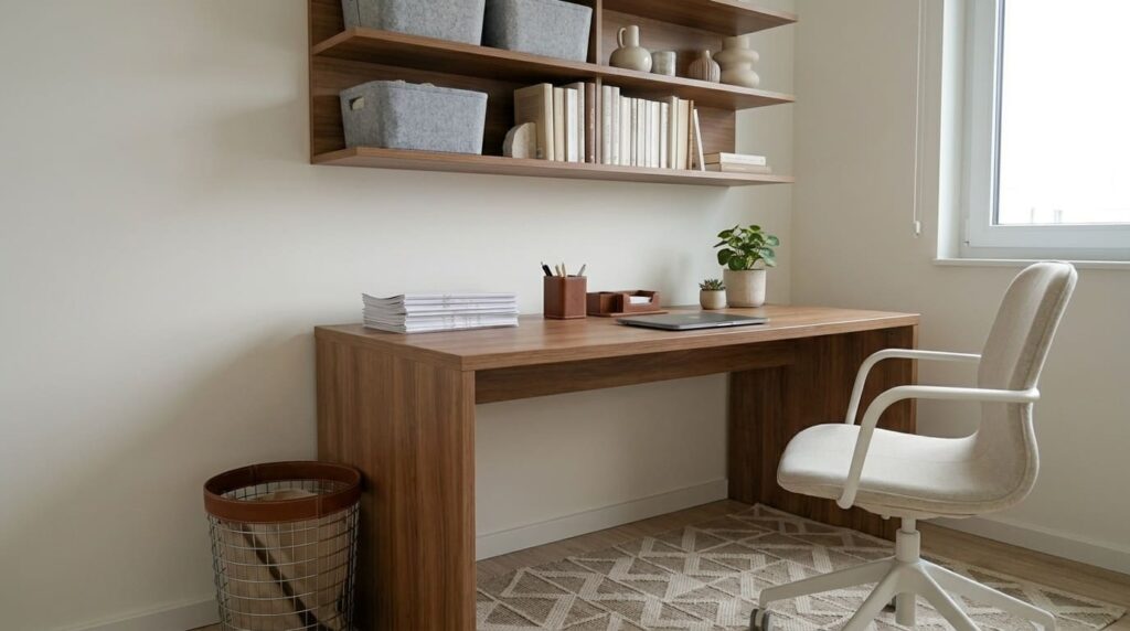 Otimizando o Espaço: Como Montar um Home Office em Ambientes Pequenos Home office compacto e organizado com mesa de madeira, notebook, cadeira ergonômica clara, prateleiras suspensas com caixas organizadoras e livros, e janela lateral.