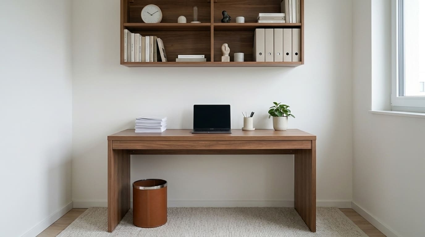 Home office compacto com mesa de madeira, notebook preto, lixeira marrom e prateleiras suspensas com livros e objetos decorativos, destacando organização vertical.