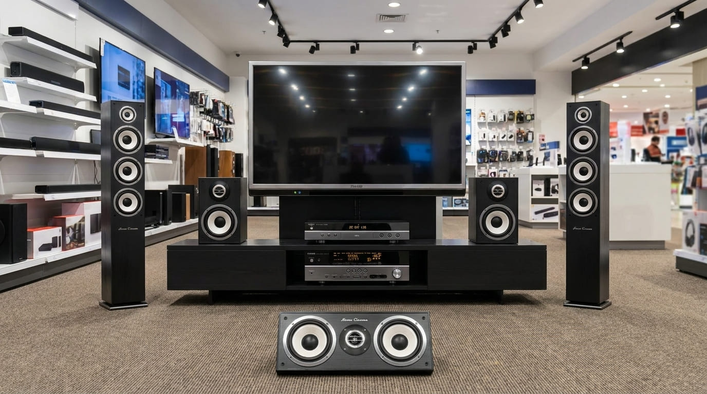 Home theater completo em loja de eletrônicos, mostrando sistema profissional de áudio.