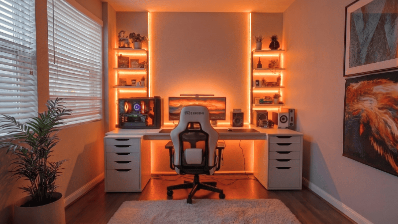 Iluminação Inteligente para Home Office: Foco, Conforto e Produtividade Home office moderno e organizado com iluminação inteligente em tons de laranja, mesa branca, monitor, cadeira gamer, prateleiras iluminadas e planta, criando ambiente aconchegante.