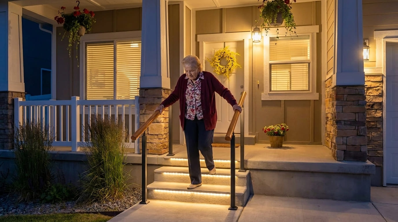 Idosa descendo degraus externos iluminados com fitas de LED e corrimão, garantindo segurança na área externa
