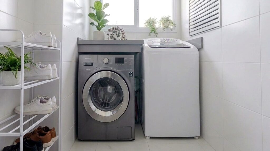 Máquina de Lavar Frontal x Superior: Qual o Melhor Tipo para Sua Casa? Lavanderia planejada de apartamento com máquina de lavar frontal cinza e máquina de lavar superior branca lado a lado, sob bancada e prateleira, com plantas e tênis organizados.