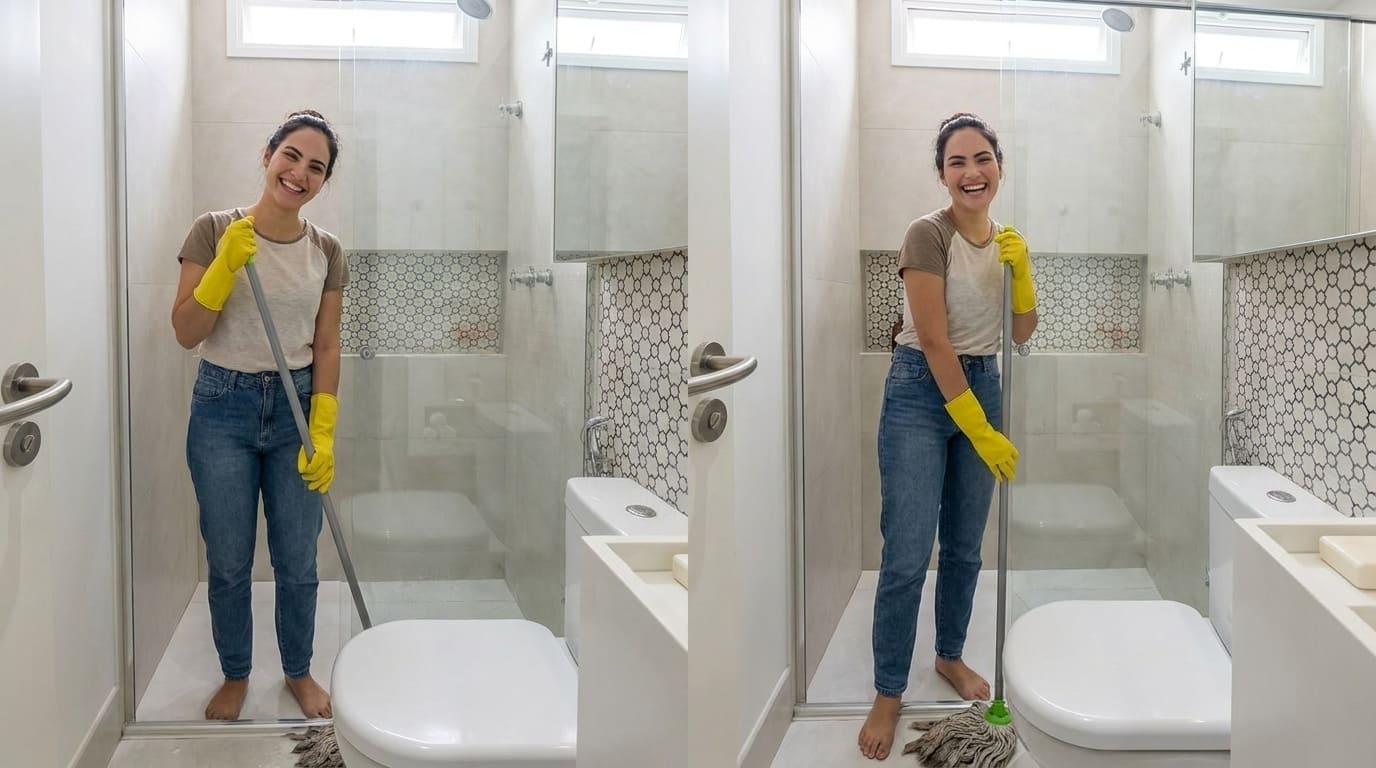 Mulher sorrindo limpando vaso sanitário e box, parte da rotina de limpeza de banheiro