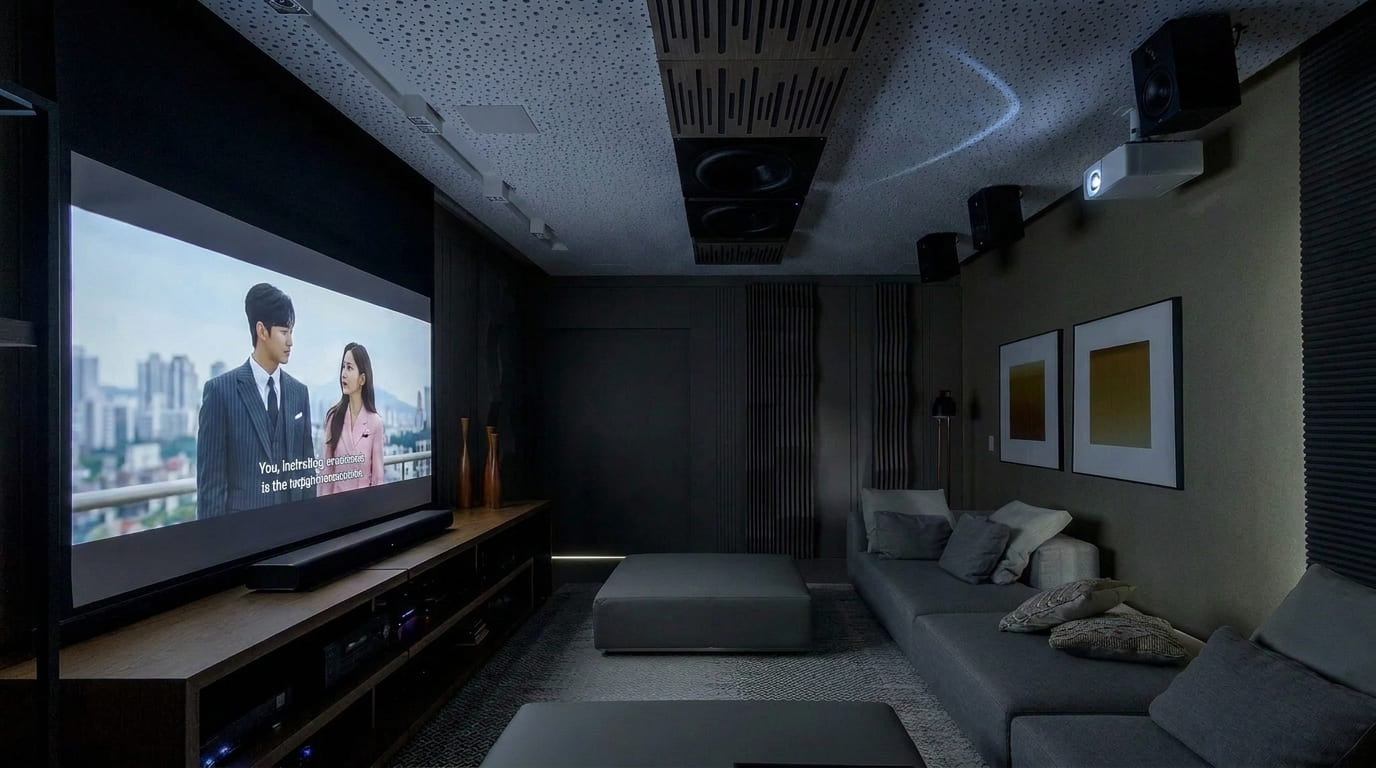 Sala escura com projetor, tela de cinema e caixas de som instaladas no teto para um sistema de home theater.