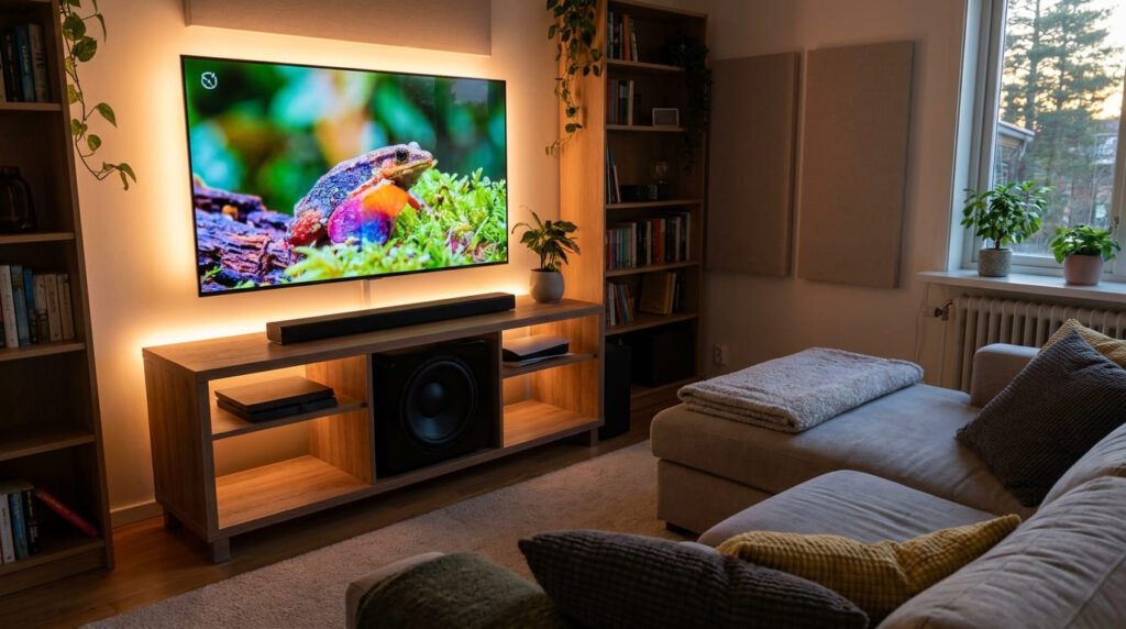 Sala de estar com TV, soundbar, subwoofer e console de mídia integrados em um sistema de home theater.