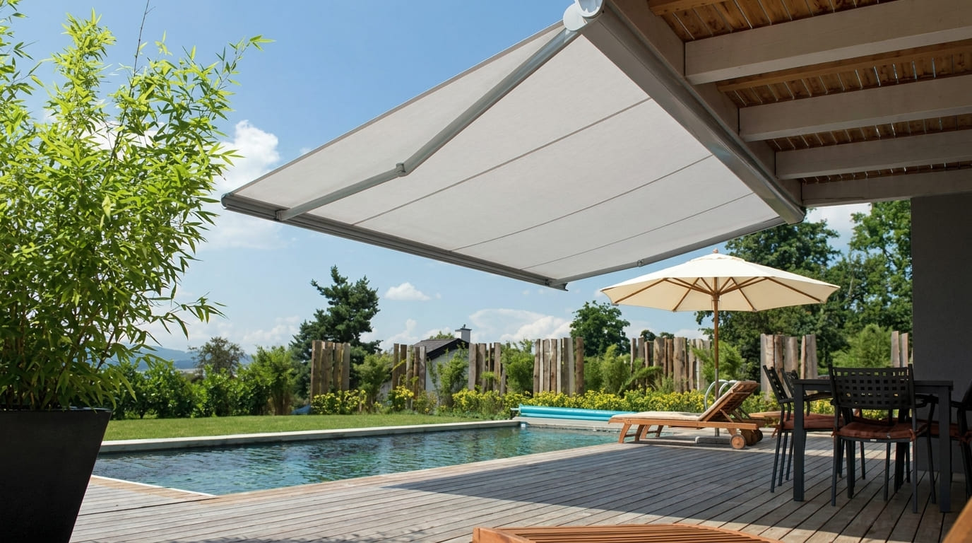 Toldo retrátil branco moderno estendido sobre uma piscina com deck de madeira em área externa