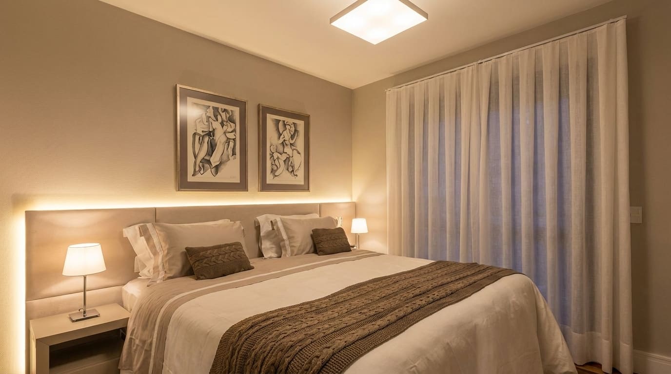 quarto com diferentes tipos de iluminação: luz geral no teto, luminária de cabeceira e fita de LED