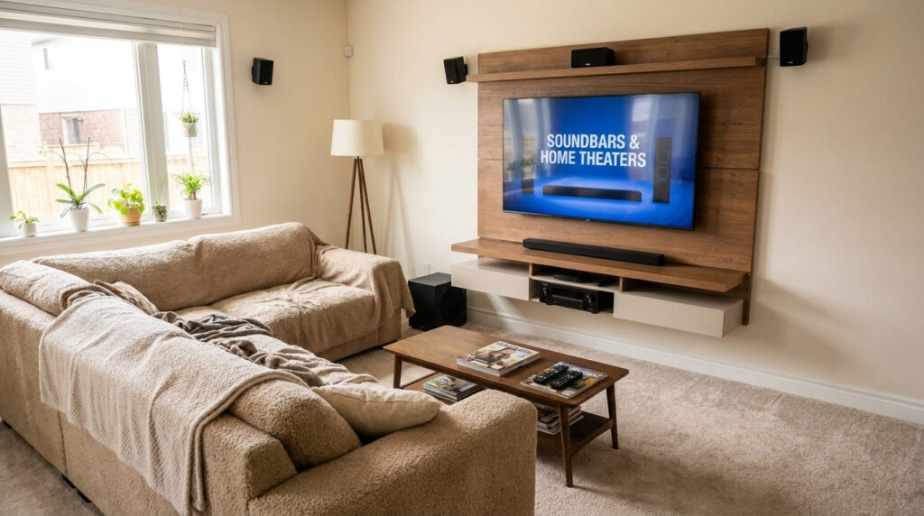 Soundbar x Home Theater Completo: Qual o Melhor Som para Sua Sala? Sala de estar moderna com sofá bege, TV na parede com painel de madeira, soundbar preto abaixo da tela e speakers embutidos, ilustrando a comparação entre soundbar e home theater.