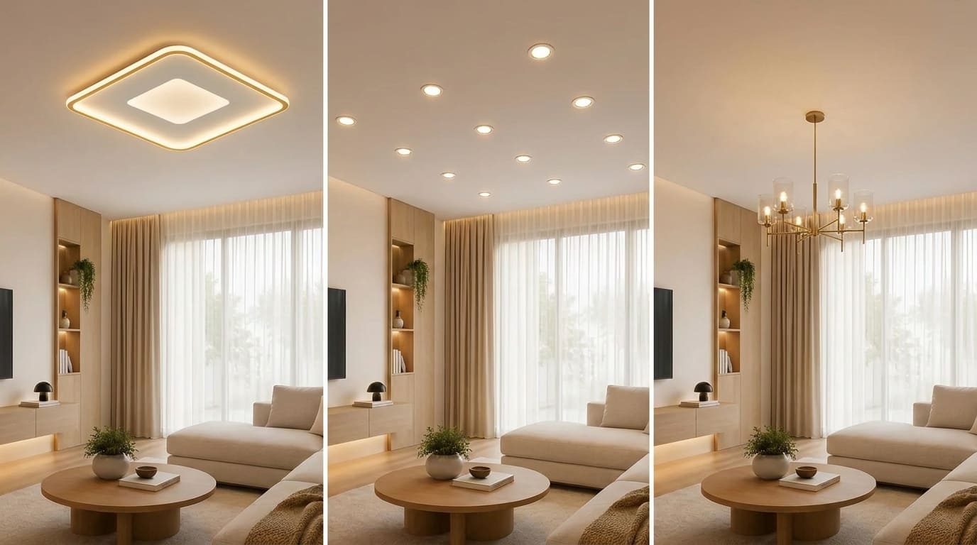 Sala de estar moderna com iluminação multicamadas: plafon central LED, spots embutidos, lustre pendente, fita LED na parede da TV e luz natural, criando ambiente equilibrado e sofisticado.