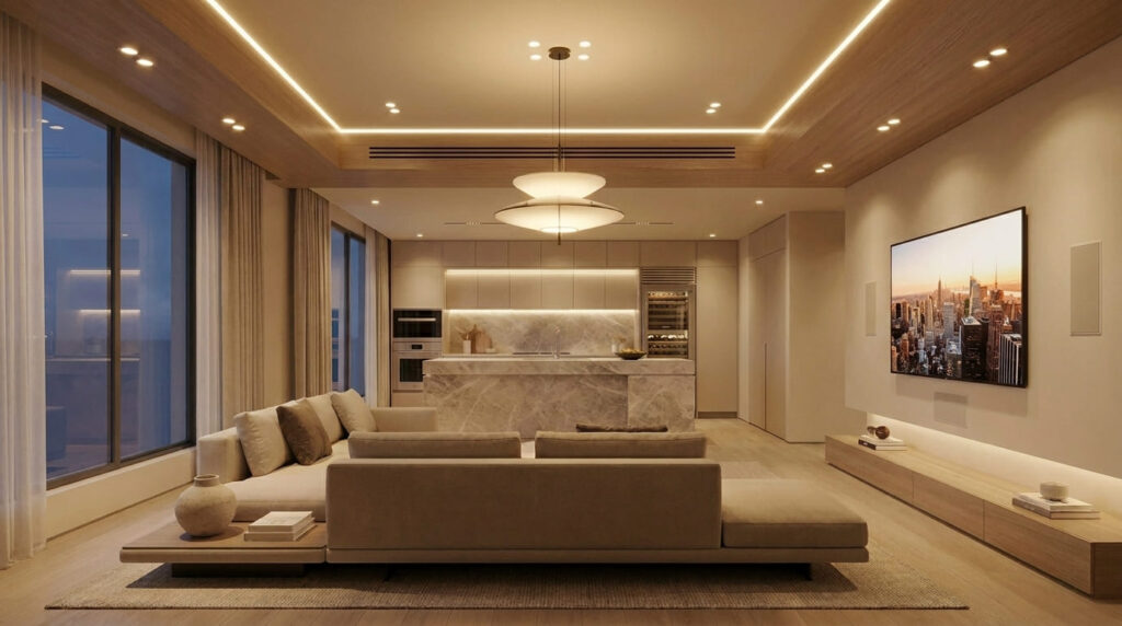 Guia Completo de Iluminação para Sala de Estar: Crie o Ambiente Perfeito Sala de estar moderna com iluminação integrada em fita LED no teto, spots embutidos e luz natural das janelas, criando ambiente sofisticado e aconchegante.