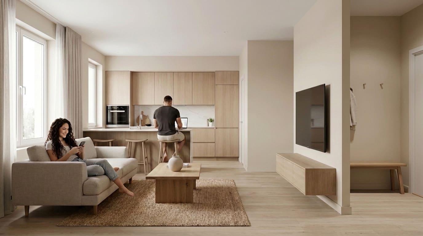 Apartamento moderno e minimalista com sala e cozinha integradas, casal interagindo em ambiente organizado